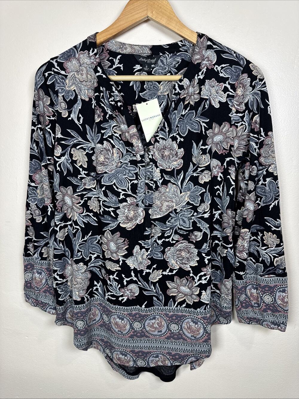 NWT Lucky Brand Womens Blouse Top Floral Henley MSRP $60 Boho Long Sleeve